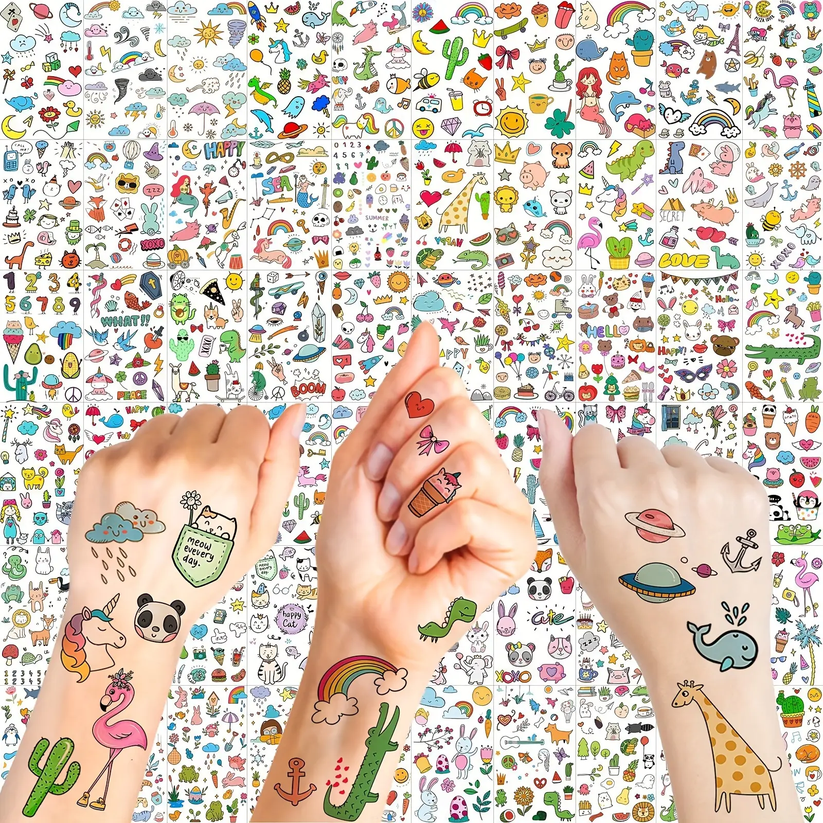 60 Sheets 1000+ Patterns Cute Cartoon Waterproof Temporary Tattoos Ephemeral Tattoos Arm Finger Hand Face Tiny Small Summer Style Fake Tattoo Stickers of Colorful Animals Zoo Mermaid Dinosaur Unicorn Cat Dog Pets