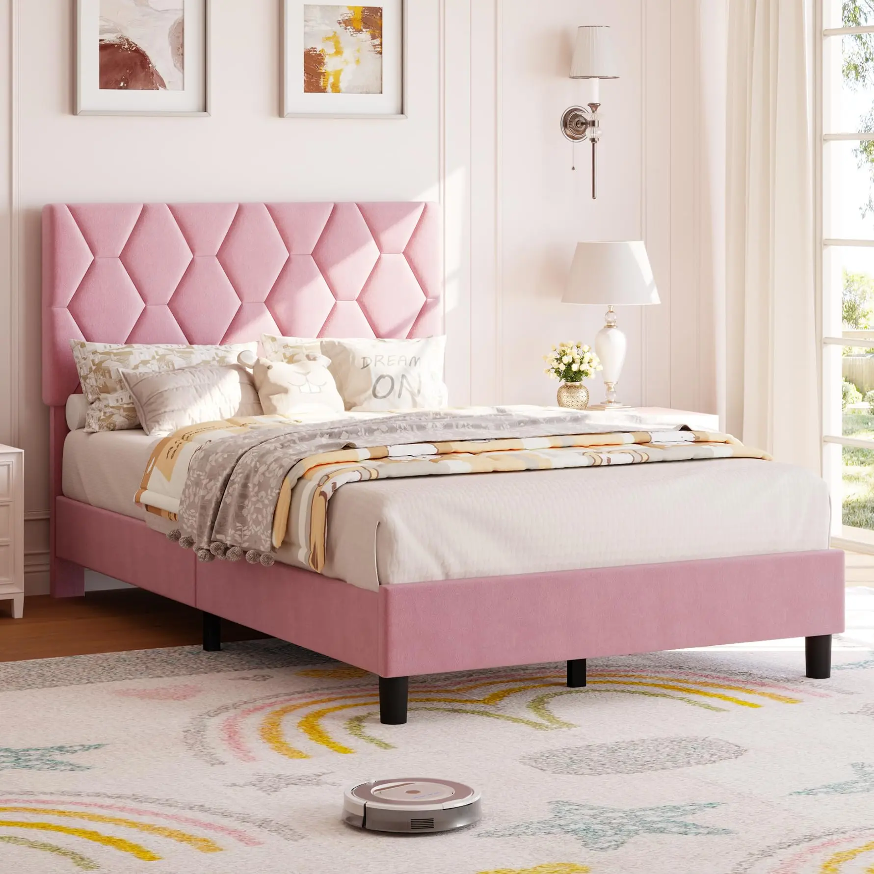 【GARVEE】Upholstered Bed Frames in Twin, Full, Queen, and King Sizes with Heavy-Duty Platform Design, Strong Wood Slats, No Box Spring Needed, Noise-Free and Easy Assembly, Available in Pink and Beige