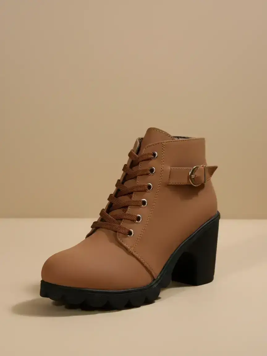 Women's Round Toe High Heel Thick Sole Boots, Side Zipper with Metal Buckle Design, Fashionable Short Boots for Fall & Winter, Fashion Footwear, Trendy Boots, Thick Heeled Boots, Heels Boots