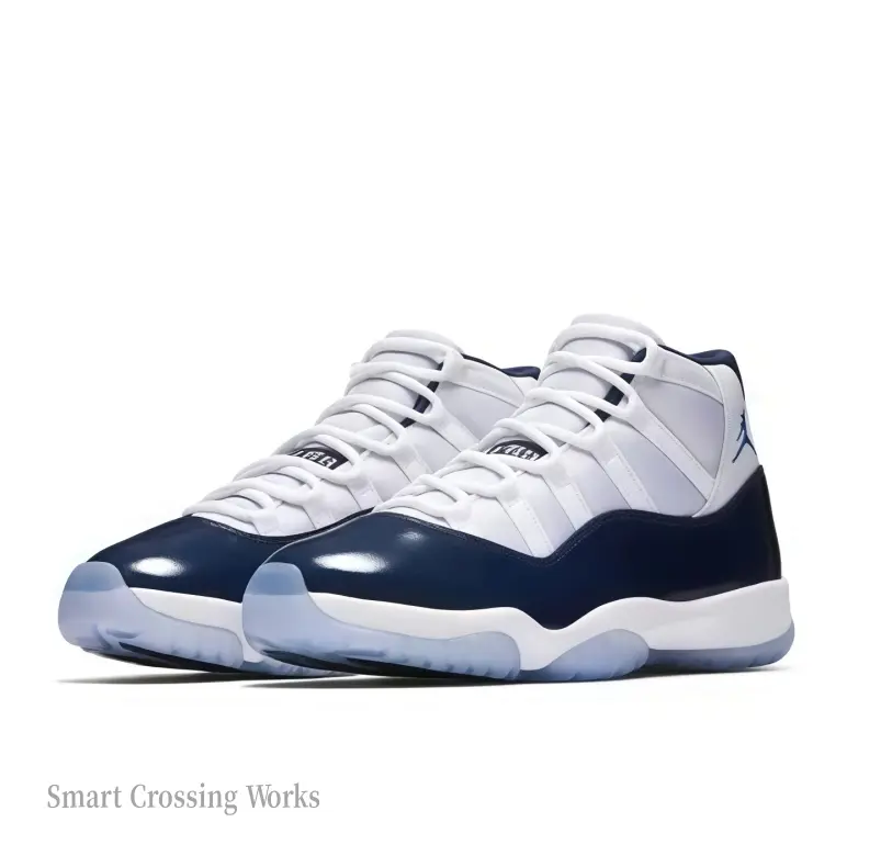 High-Top Collectible Sports Shoes - White Mesh Upper, Navy Patent Accents, Icy Blue Outsole, College Legend Edition