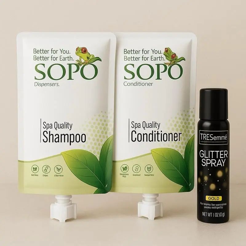 SOPO Vitamin-Infused Shampoo & Conditioner Bundle - Moisturizing, Cleansing Haircare Set with TRESemmé Gold Shimmer Glitter Spray for All Hair Types, Any, 30 Oz, 24 Months, Space Saver, Eco-Friendly, 1.8 Oz, Moisture Boost