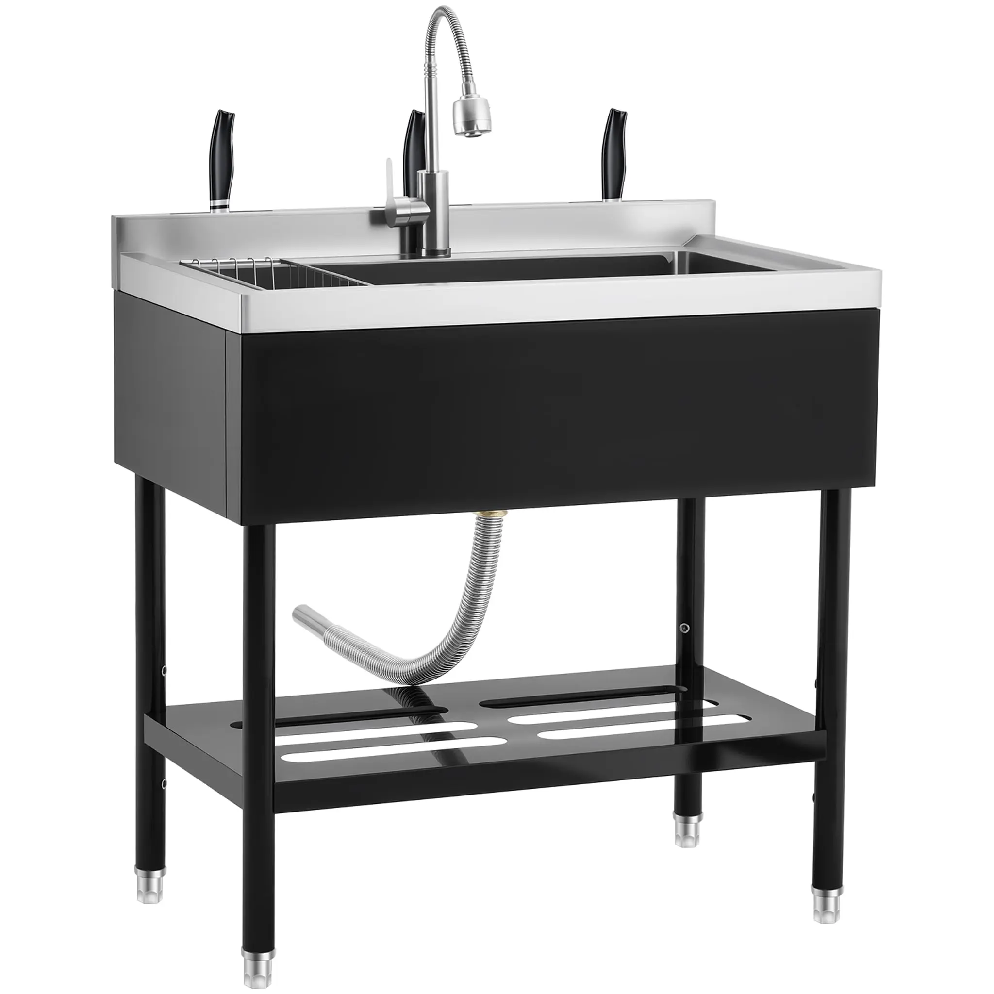 Garvee Upgraded-36" Black Stainless Steel Utility Sink, Freestanding with Adjustable Height, Faucet with Hot & Cold Water, Storage Shelf, Basket and Drain Kit, for Kitchen, Garage, Laundry, Outdoor