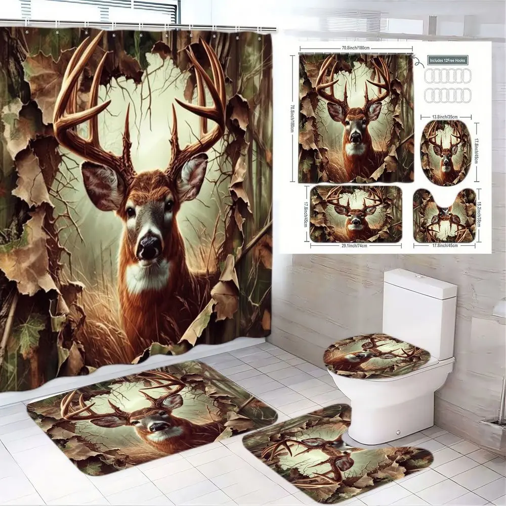 1/4pcs Deer Theme Bathroom Set - Large Detailed Deer Antler Shower Curtain, Matching Bath Mats & Toilet Seat Cover with Brown Leaves Twigs Forest Background, Rustic Outdoor Hunting Decor for Cabin Lodge, Ideal for Autumn Hunting Season, Thanksgivin