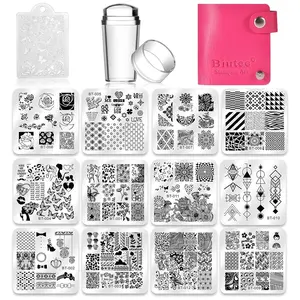 Biutee Nail Stamping Plates Set 12pcs Templates Stampe Scraper Storage Bag Animal Flower Design Nail Art Plates with Love Theme Floral Motif & Butterflies