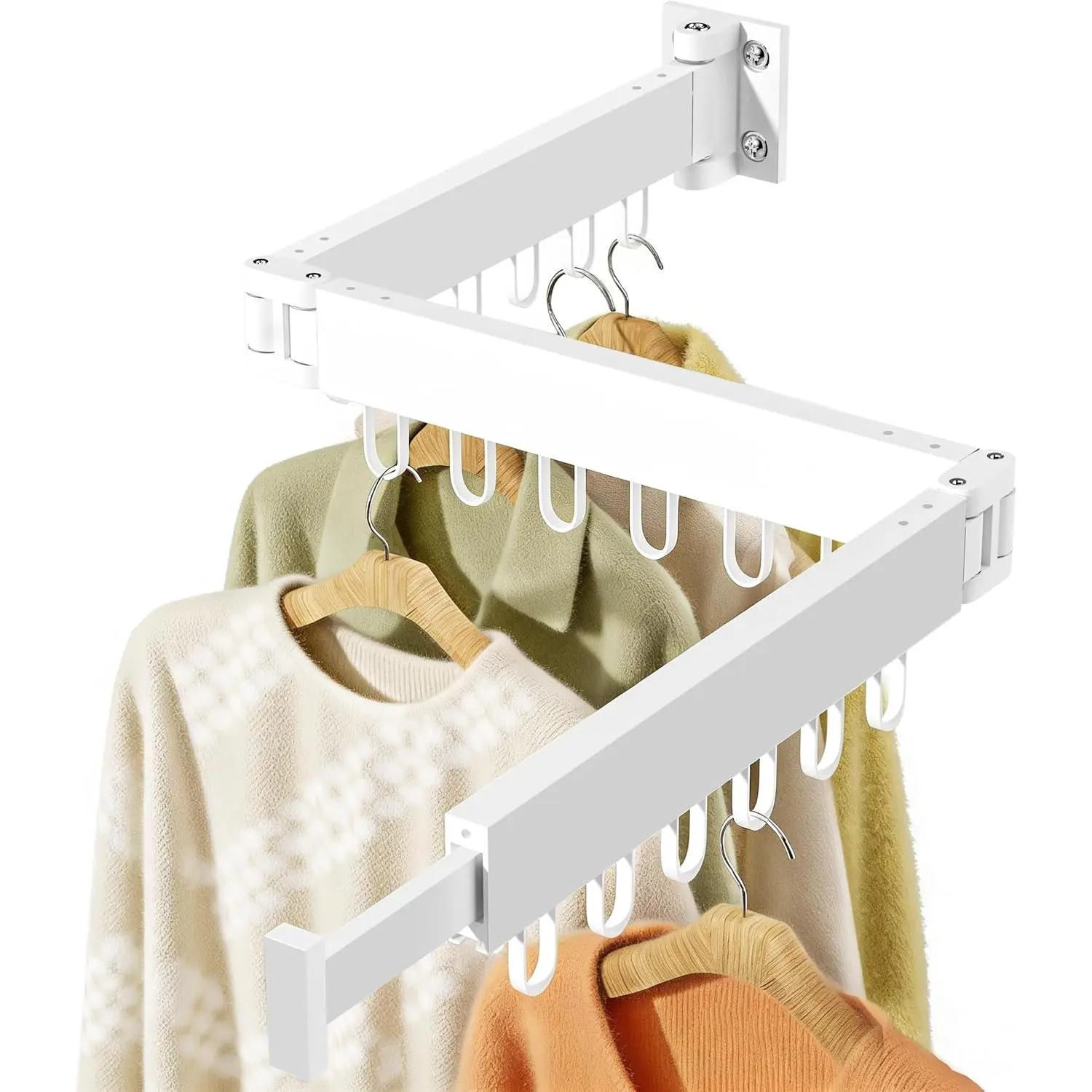 Wall Mounted Clothes Drying Rack, Space-Saving Collapsible Foldable Retractable Laundry Rack with 18 Hooks, for Indoor Outdoor, White