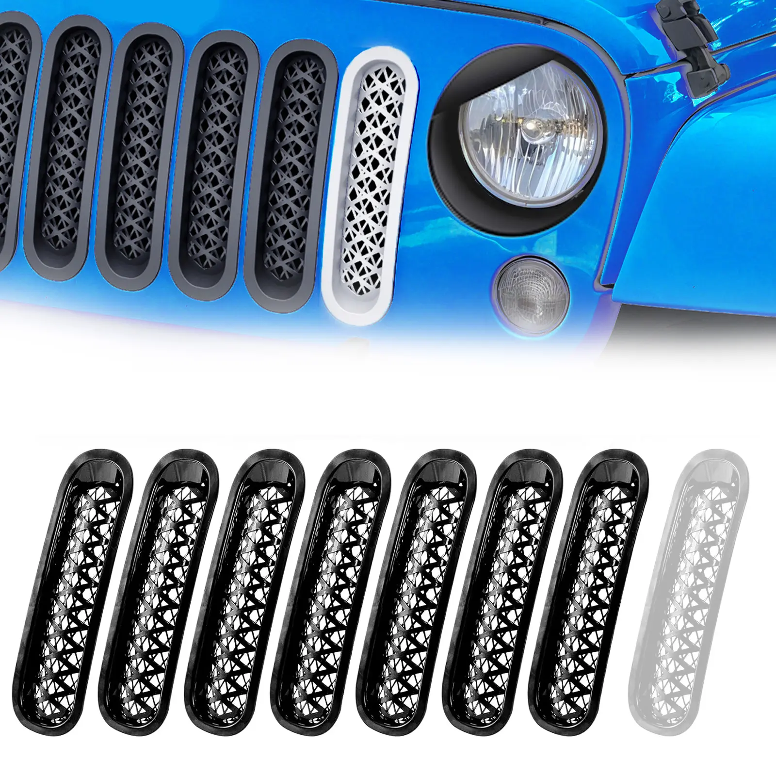 EYOUHZ 8-Piece ABS Plastic Grill Mesh Inserts - 7 Matte Black, 1 White, Easy-Install Radiator Guard, Protect Front Grill, Long-Lasting Performance, Stylish Upgrade for 2007-2018 Jeep JK Wrangler & Unlimited Off-Road Car Exterior Accessory