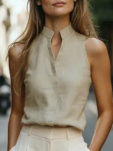 French Chic Stand Collar Linen Casual Fitted Sleeveless Top, Womenswear, Elegant Blazer Innerwear, Business Meeting, Date Night Dress, Coffee Shop Style, Street Fashion, Casual, Minimalist