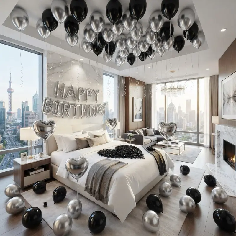 550-Piece Latex & Foil Balloons Set (Black, White, Silver) with 16-Inch Silver Happy Birthday Banner, Rose Petals for Birthday Party Decorations, Balloon Garland, Backdrop, Latex Balloons