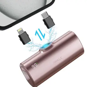 iWALK 5000mAh Portable Charger with 2 Exchangeable Plugs USB-C and Lightning, Mini Power Bank for iPhone 16/15/14/13/12/11, Samsung S24/S23, AirPods - Purple Earbuds Silicone Durable Protection power bank