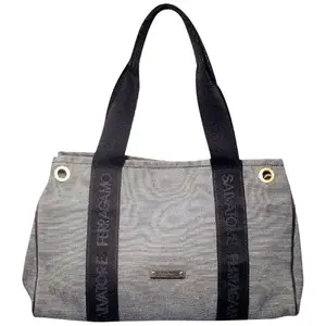 Pre-owned SALVATORE FERRAGAMO Woven Canvas tote bags Vintage Nautical Striped Navy Canvas Tote