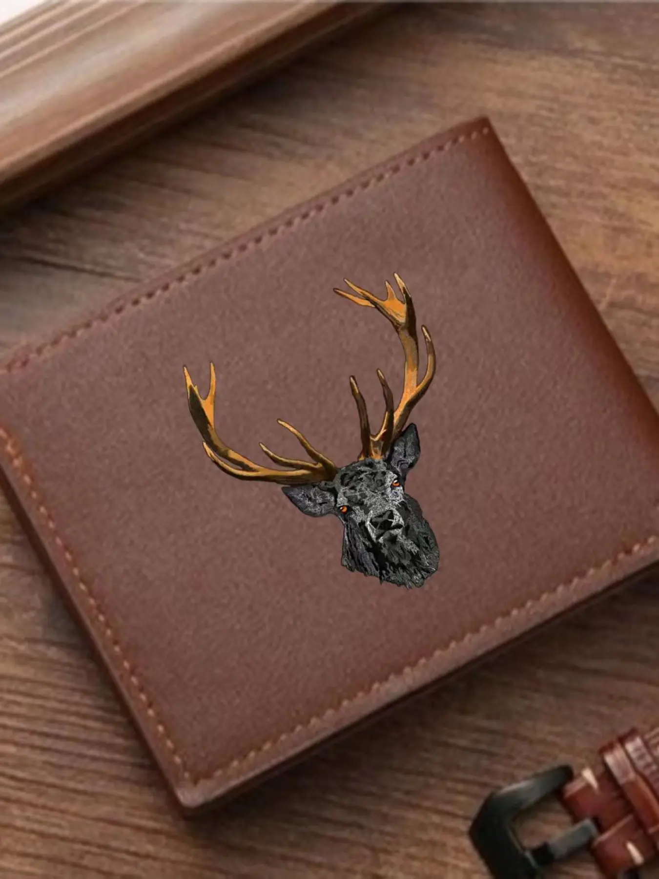 Men's Dark Deer Leather Wallet, Gothic Forest Print, Mystery Wildlife Theme, PU Card Holder, Rock Texture Design, Unique Gift, Exquisite Wallet, Exquisite Cardholder