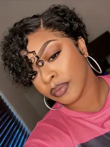 Pixie Cut Curly Wave Human Hair Wig for Women 13x1 T Part Transparent Lace Frontal Wig 150% Density 6 Inch Lace Wigs