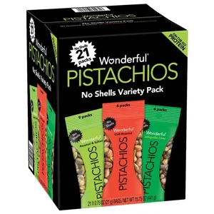 Pistachios No Shells Variety Pack 0.75 oz 21 Pack - Includes 9 Roasted & Salted 6 Chili Roasted & 6 Jalapeno Lime Flavors
