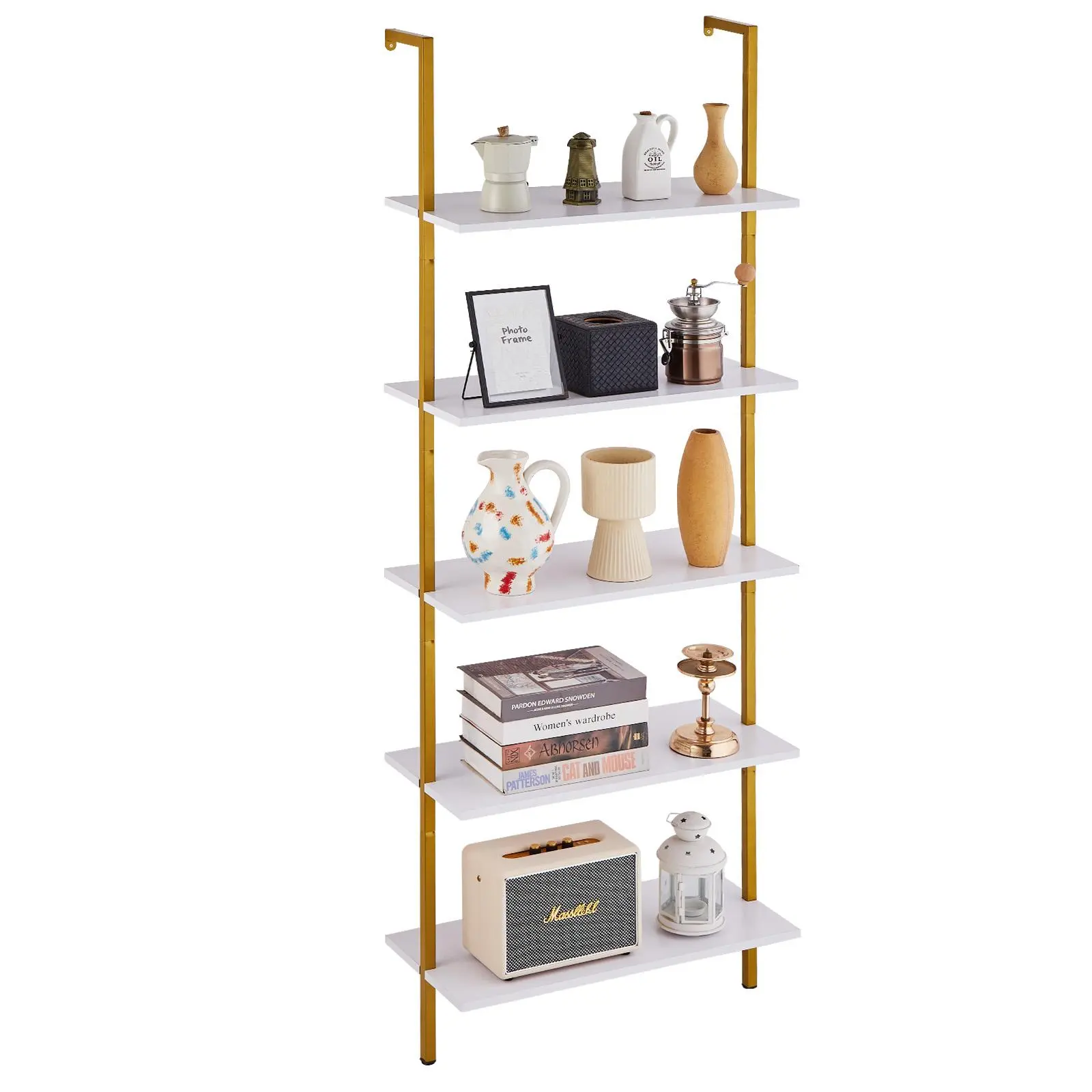 VEVOR Industrial Steel Frame Decorative Hanging Floating Shelves - 5-Tier 24x11.8in Wall-Mount Storage Rack, 12.6in Between Shelves, 71.9in Tall, Easy Installation Unit for Blank Wall, Study Room Decor