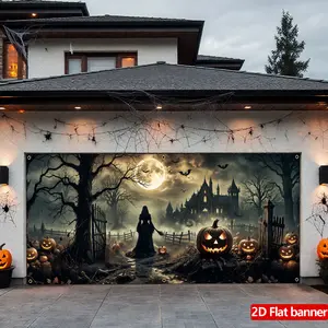 Large Halloween Garage Banner, Pumpkin Lanterns, Ghosts, Castle, Bats, Durable Polyester Fabric, Perfect for Party Decorations, Party Decorations Banners
