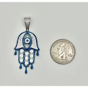 Rhodium Plated 925 Sterling Silver CZ Blue Glow Enamel Hamsa Hand Pendant