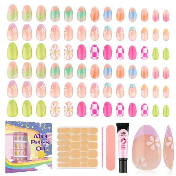 EBANKU Press on Nails Kit for Kids,Includes 156、144、130、78、24 Pieces Per Pack,Colorful Flower Almond Fake Nail Tips for Girls, Kid Fake Nail Kit for Girls 8-12 Years Old with Jelly Nail Adhesives Birthday Gifts Holiday Haul Diy/Mother's Day