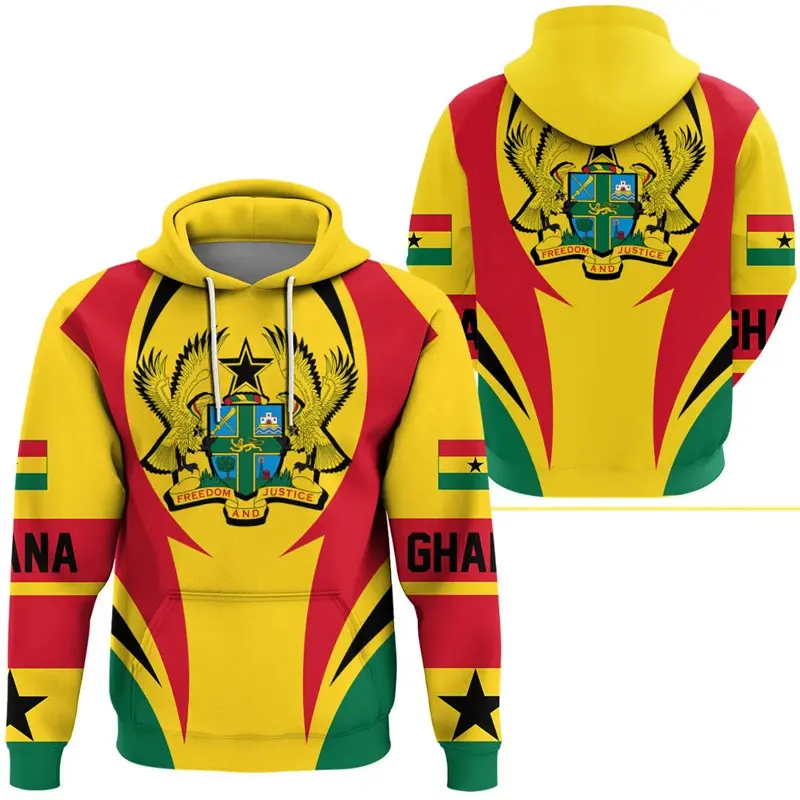 Men's Long Sleeve Hoodie with Ghana Flag Map, Casual Pullover Sweatshirt, Graphic GHA Emblem Menswear Top