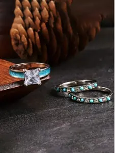 3pcs Euramerican Style Simple Design Engagement Ring With Blue Turquoise Stone For Women