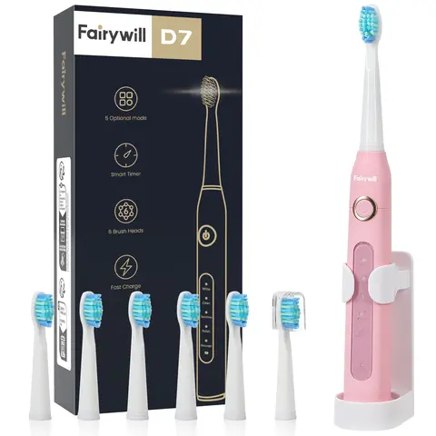 Fairywill Rechargeable Electric Toothbrush for Adults - 40000 VPM Dental Cleaner, 6 Detachable Brush Heads, Smart Timer, Adjustable Vibration, Whitening, Gum Health, Plaque Removal, Auto Shut Off, Built-In Battery, Oral Care Tools, Gifts for Him