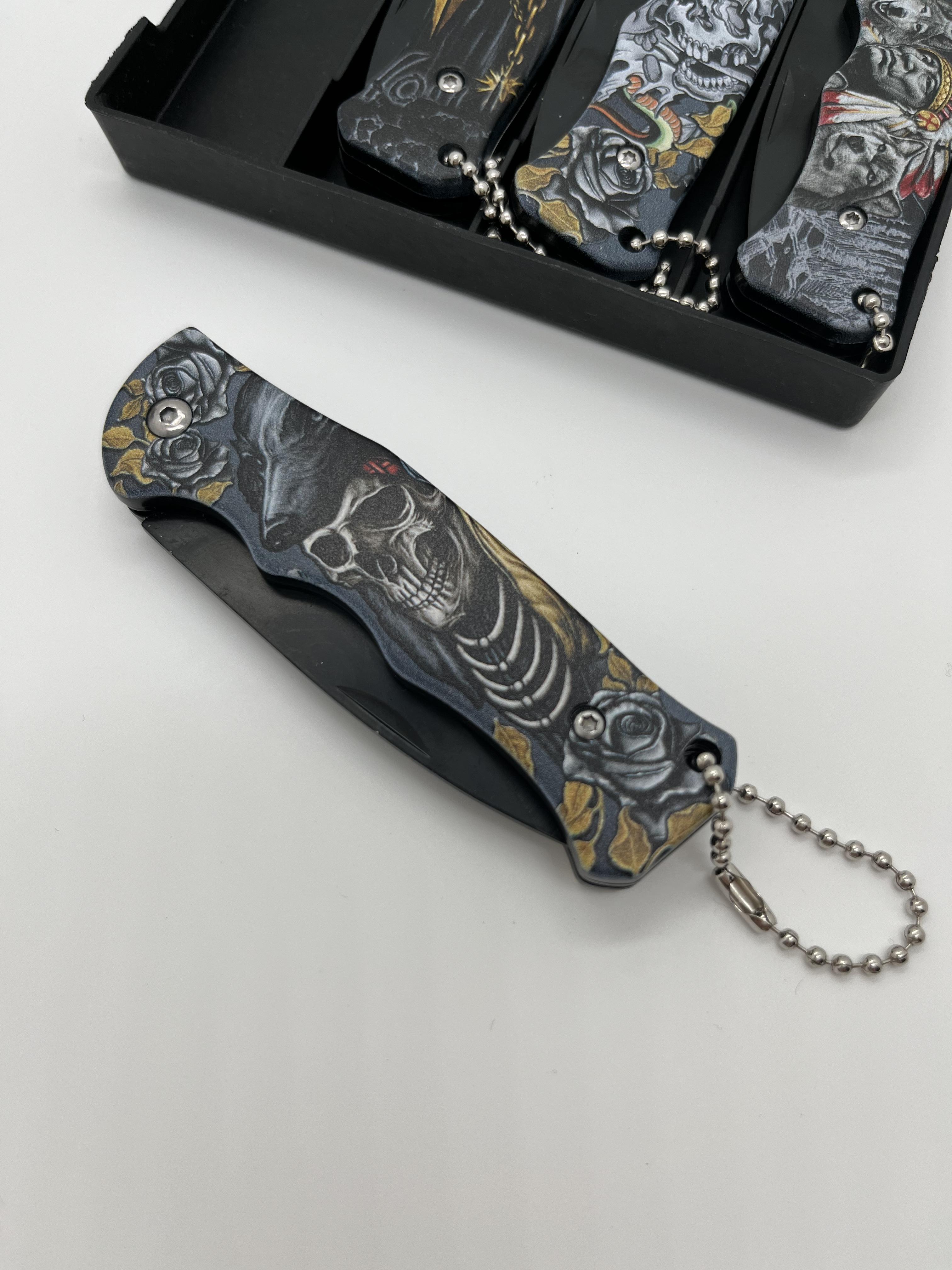 4PCS folding pocket knives, Mysterious skull design handle, for Outdoor Camping, Fishing, Hiking, Men's Gift