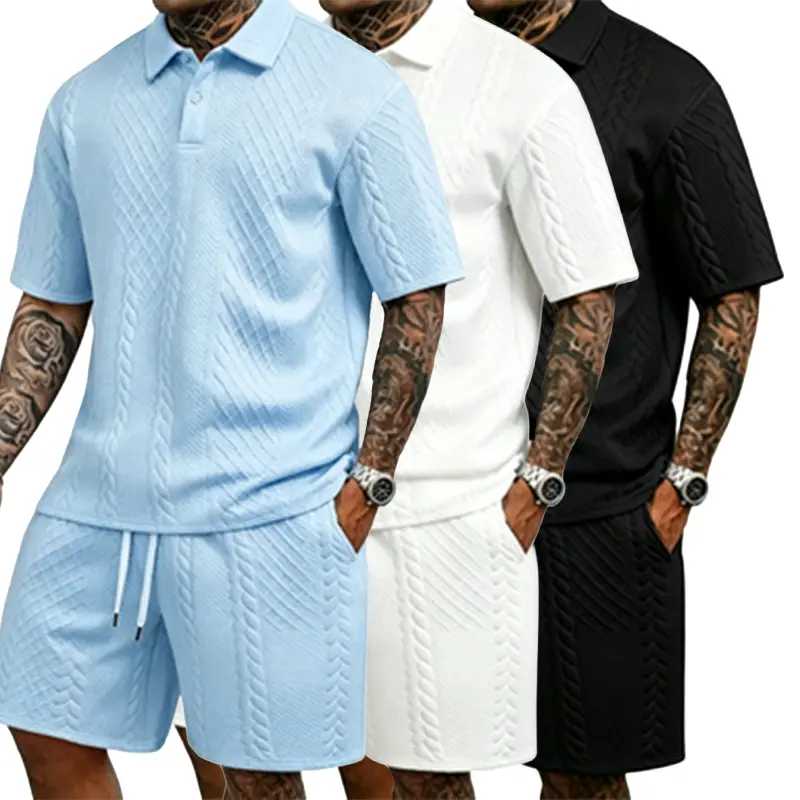 Men’s two piece set: includes a textured drawstring waist athletic top, short sleeve T shirt, and casual style with pockets; a comfortable, versatile, fashionable men’s outfit suitable for spring and autumn.