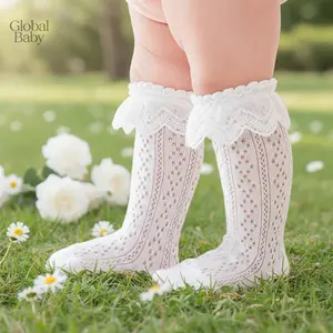 Global Baby Toddler Girls Knee High Socks Summer Breathable Knit Lace Ruffle Princess Socks for Party, Wedding, Photography Lolita Ruffle Lace Socks Thin Breathable Dance Socks with High