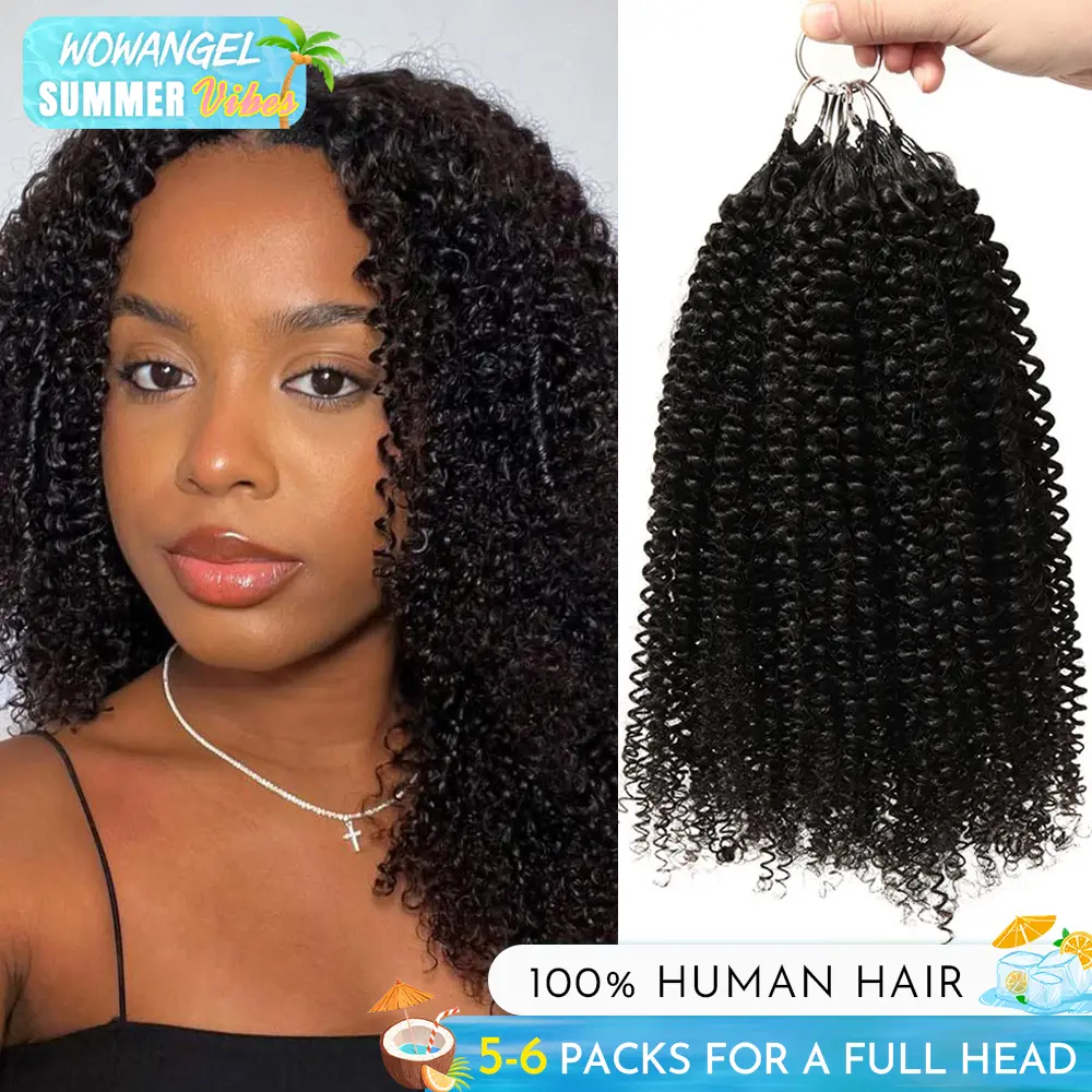 [Buy 4 Get 1 Free] Afro Kinky Curly Feather Crochet Human Hair Extensions Curly Miracle Knots Pre-Separated Feather Knotless Invisiable With String Real Human Hair Deep Curly 5Pack Lightweight & Reusable For Women Easy Braiding Natural Black WOWANGEL