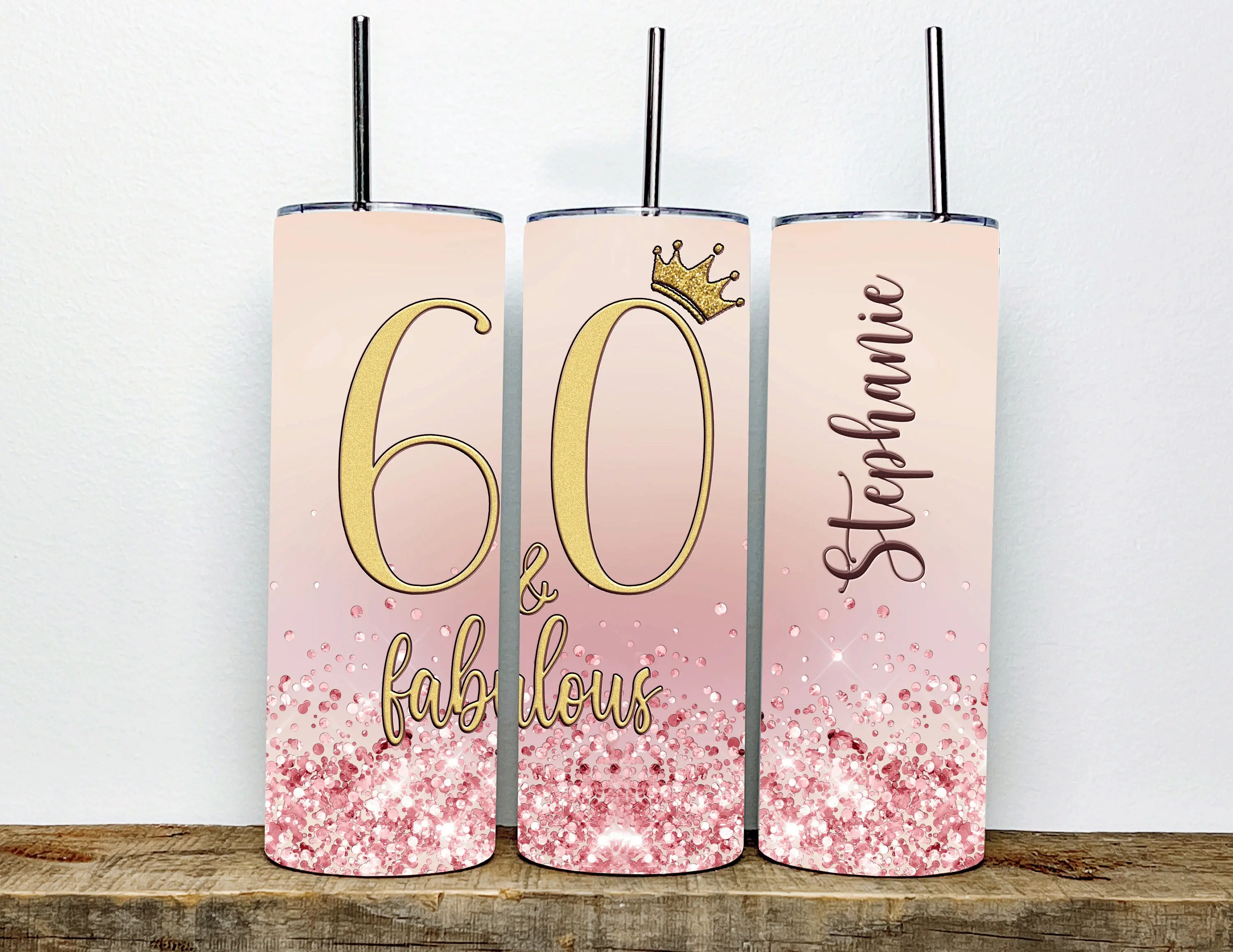 60 and Fabulous Milestone Birthday Tumbler w/straw - Chunky FAUX Blush Pink Glitter Cup Gift For Women - Personalized Tumbler Gift for Her