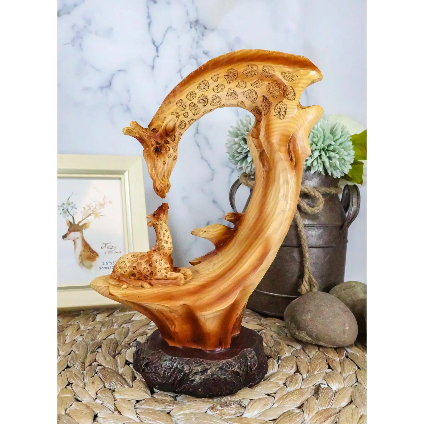 Ebros 9.5"H Wildlife Safari Giraffe Family Scene Decorative Faux Wood Figurine
