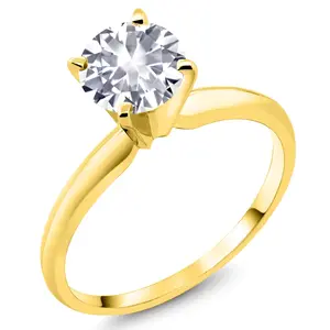 Gem Stone King 14K Yellow Gold White Created Sapphire Solitaire Engagement 4-Prong Ring For Women | 1.00 Cttw | Round 6MM | Gemstone September Birthstone