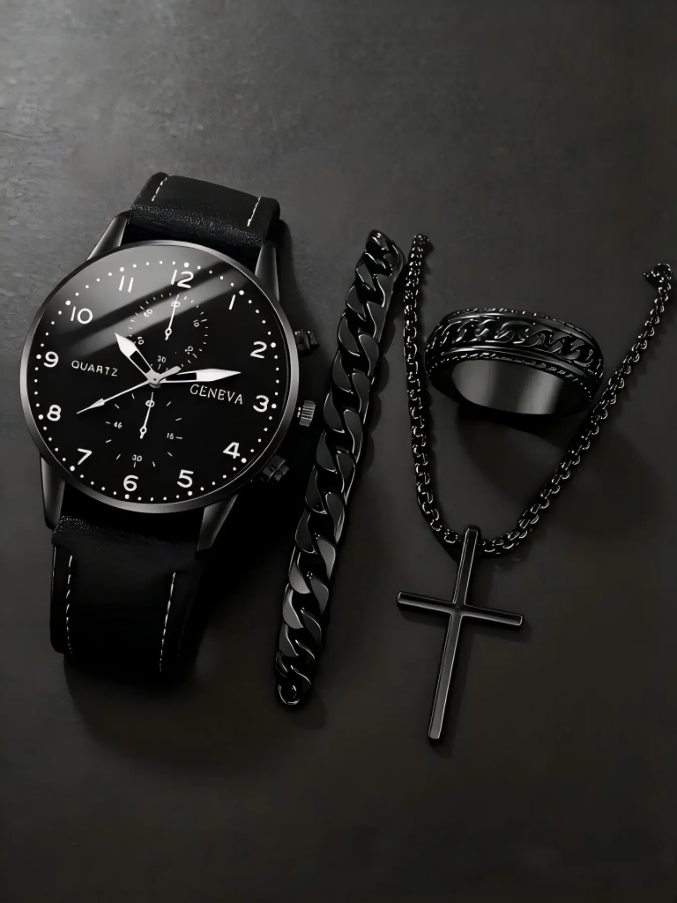 Men's Fashion Quartz Watch, with Necklace, Ring & Bracelet, PU Band Business Style Watch set, Jewelry Watch Set, Trendy Watch Set, Fashionable Watch Set As Gift for All Occasions