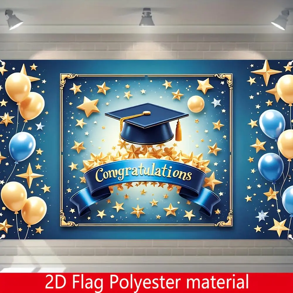 Polyester Blue Golden Graduation Banner, 1pc 2D Flat 180cm×110cm/70.8in×43.3in, Indoor-Outdoor Multifunctional Graduation Party Decorations, Home Supplies Festive Event Backdrop Banner, Party Decorations Banners