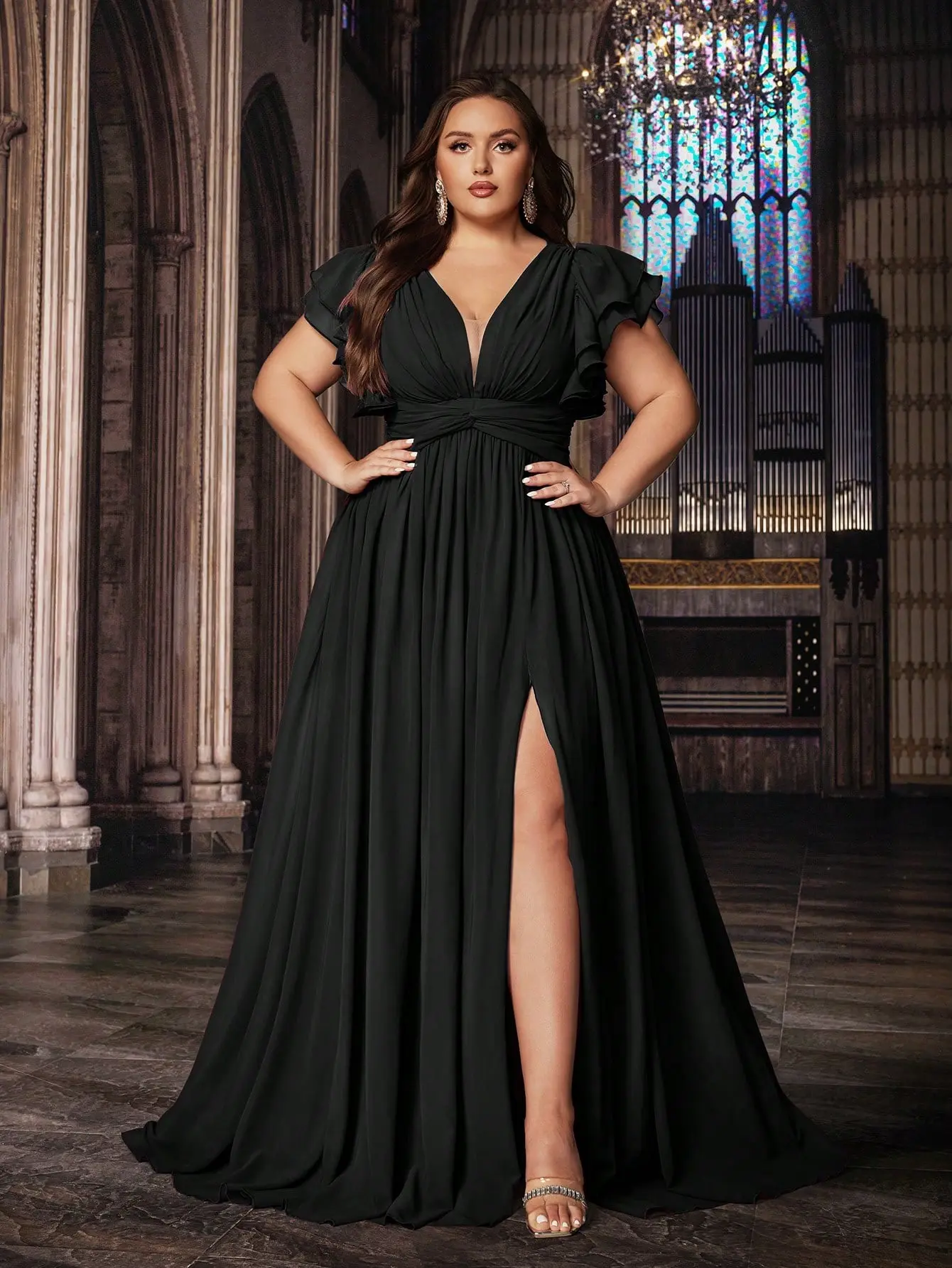 Plus Size Black Chiffon Bridesmaid Evening Gown | Deep V Neck Ruffle Sleeve High Slit Floor Length Formal Wedding Party Maxi Dress