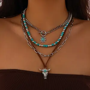 4PCS/Set Bohemian Vintage Faux Turquoise Bull Head Pendant Ethnic Multi-layer Layered Choker Beaded Necklace Set Chic Turquoise Beads Stackable Silvery Beaded Handmade Necklace , Vacation Travel Jewelry