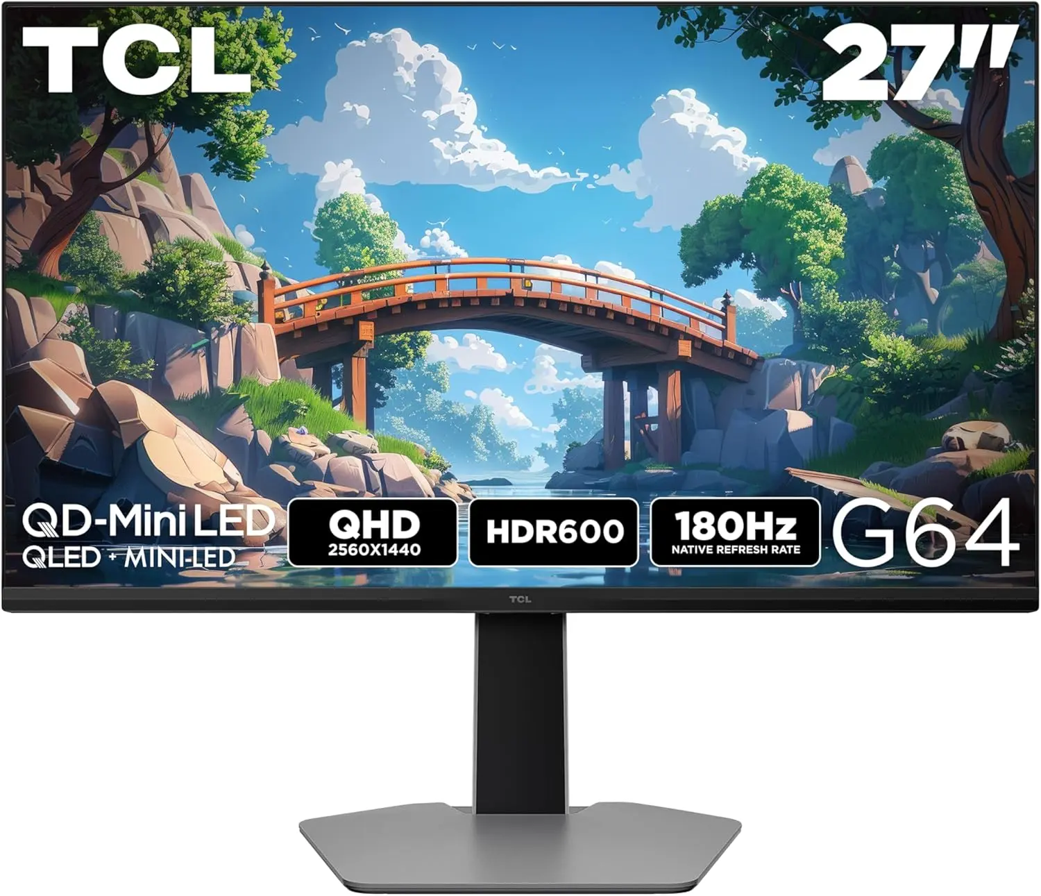TCL 27" G64 Monitor(Black & Gray)  Multi-Color QD-Mini LED Gaming Monitor | QHD 2K/4K UHD | 165Hz/180Hz | 1ms GTG | HDR600/HDR1400 | AMD FreeSync/Premium | Built-in Stereo Speakers | Fully Adjustable Stand | Matte Panel tiktokshopbacktoschool