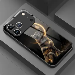 Phone Case: Artistic Fashion Moon Black Wolf Pattern Glass Phone Case, Suitable for iphone17 17Air 16 Pro 15 Promax 14 Plus 13 12 11, Full Coverage, High-Definition Tempered Glass, Stylish Protective Cover, Device Protective