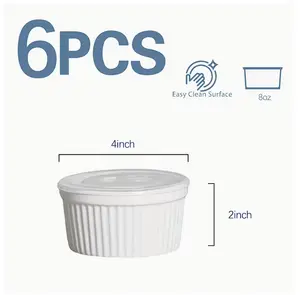 ONEMORE 6PCS,Ramekins 8 oz Oven Safe for Creme Brulee Souffle, Porcelain Ramekin for Baking, Classic Style Small Bowls Souffle Dishes Custard Cups for Dipping Sauce, Set of 6, Soft White