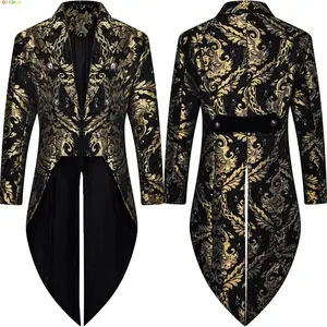 Static Cuff Gothic Steampunk Tailcoat Jacket for Fashion Wedding Party, Floral Jacquard Trench Coat with Stylish Long Silhouette