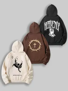 Unisex Men's Letter & Cross Print Drawstring Pocket Hoodie, Casual Loose Long Sleeve Hooded Sweatshirt for Fall & Winter, Men's Clothes for Daily Wear