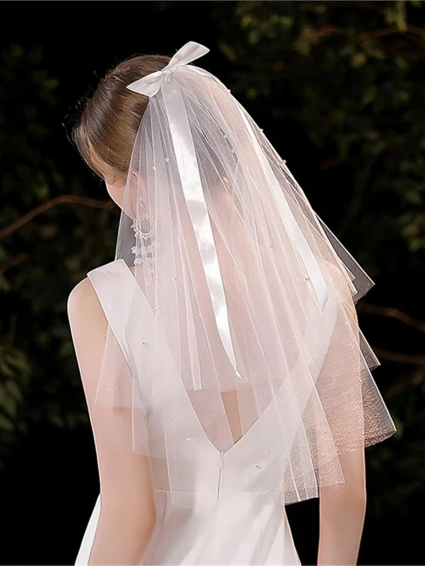A romantic bridal veil, Trailing veil with pearl embellishments - tulle veil with comb - bow ribbon, forest-inspired vintage fairy elegance - suitable for dream weddings, proposals, photography props, The Wedding Veil, Wedding Veils for Brides