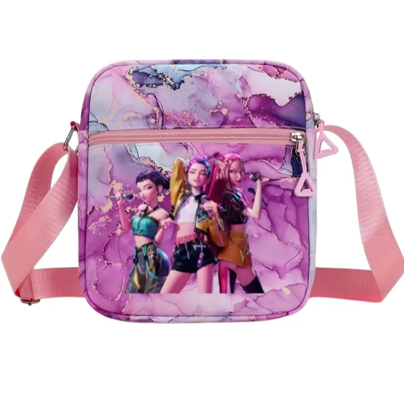 NEW K-POP KIDS CARTOON GIRL PRINT CROSSBODY SHOULDER BAG, Purple Marble Ink Wash Mini Messenger Purse With Adjustable Pink Strap, Lightweight Waterproof Small Storage Bag For Girls Daily Travel Party Accessory