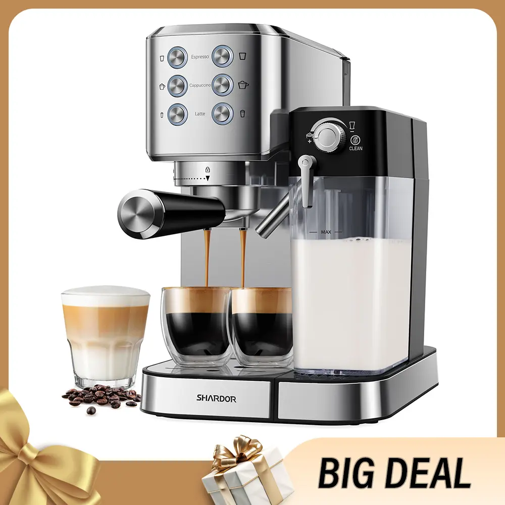 SHARDOR 20-Bar 6-in-1 Automatic Espresso Machine, 1350W Stainless Steel At Home Espresso Maker with 1-Tap Latte Function, Automatic Milk Frother, Fast Thermoblock Heating, 34oz Water Tank for Home Use