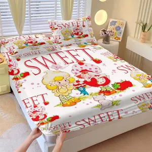 Strawberry Shortcake Big Sweet Fitted Sheet Set, 1 Fitted Sheet + 2 Pillowcases - 3 Pcs Soft Bedding with Deep Pocket, 360° Full Coverage, Wrinkle Free, Cute Sweet Letter Print Cartoon Bed Sheets for Girls, Full Size Flower Printed Bedding