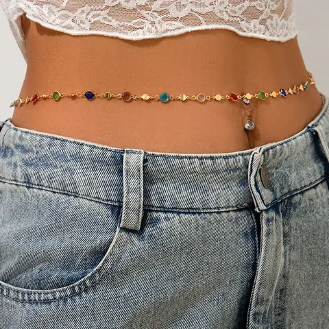 Colorful Crystal Body Chain, Beach Style Metal Waist Chain, Fashionable Vintage Body Jewelry Accessory for Women, Stylish and Trendy Design, Adjustable Waist Chain, Body Jewellery