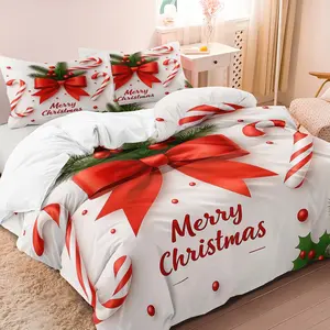3pcs Christmas Duvet Cover Set - Festive Red Bow, Candy Cane & Snowflake Design, Decorative Duvet Cover | Polyester, Machine Washable, Zipper Closure | Ideal For Bedroom & Living Room Holiday Decor,  Home Christmas Gift