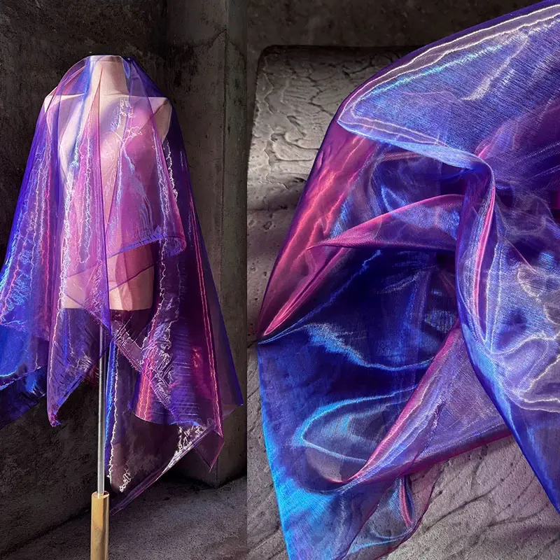 Purple-Blue 2-Tone Shimmering Sheer Patterned Metal Mesh Fabric, Lightweight Breathable Textile, Ideal for DIY Crafts, Apparel