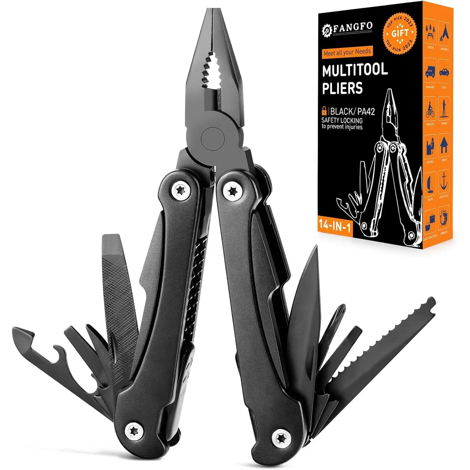 14-IN-1 Multitool Pliers with Clip - High-Quality Black Oxidized Tool Set including Knife, Screwdrivers, Saw - for Men, Dad, Husband - Perfect for Camping, Hiking, DIY Gifts