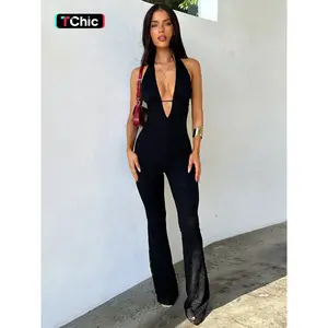 Women’s plain halter neck tie-back jumpsuit, casual sleeveless backless jumpsuit for everyday wear, ladies’ all-season overalls, skinny jumpsuit