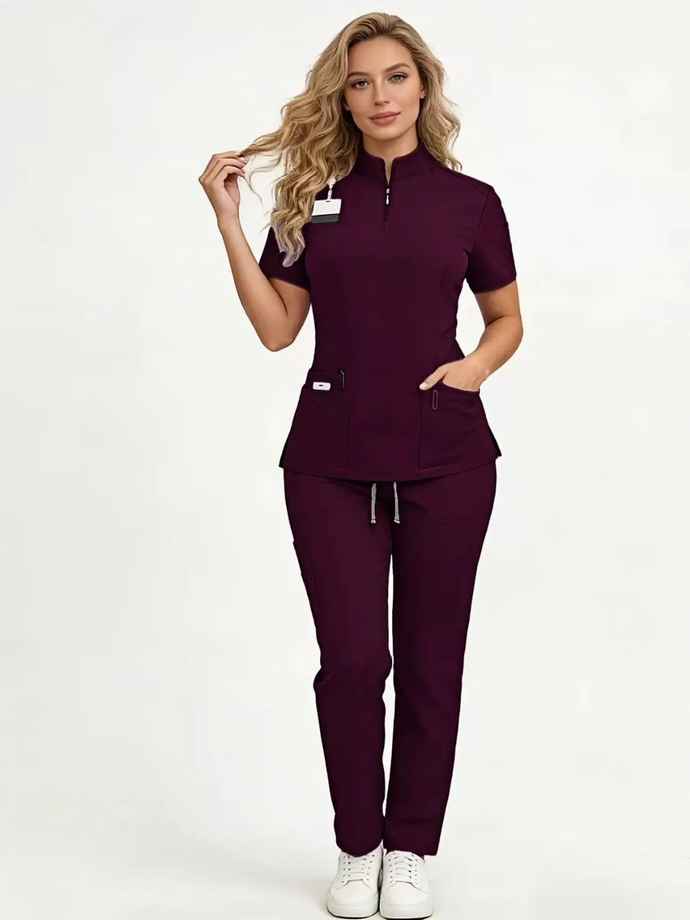 Women's Healthcare Scrub Set, Uniforms, Workwear, Clothes with Multi-Pockets, Short-Sleeve Casual Loose-Fitting Design in Breathable Quick-Dry Wrinkle-Resistant Fabric, for Home and Clinic Use